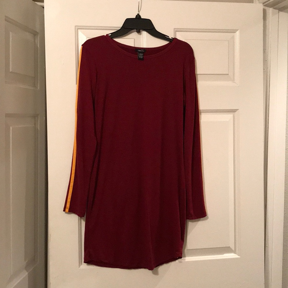 Burgundy dress with mustard yellow line on side